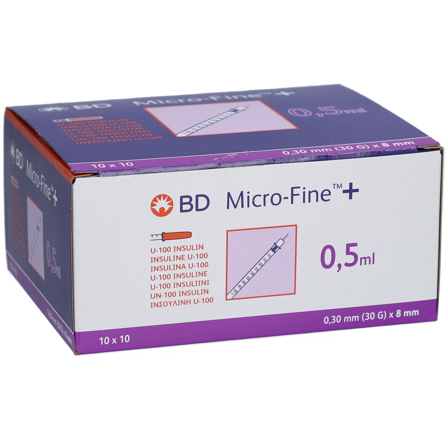 Boîte de BD Micro-Fine + 0,5 ml. Illustration du produit, nom et volume. 10x10 unités.