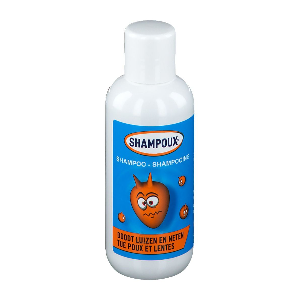 Weiße Flasche mit blauem Etikett. Aufschrift: SHAMPOUX, Shampoo, tötet Läuse und Nissen. Cartoon-Illustration.