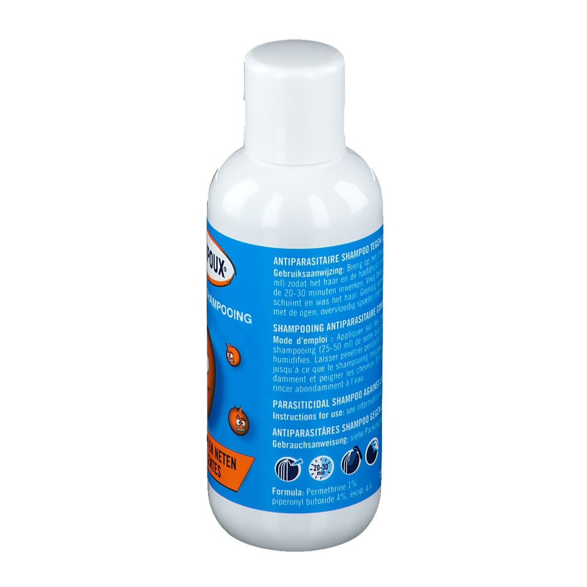 Rückseite einer weißen Flasche mit blauem Etikett. Text: Antiparasitäres Shampoo, Gebrauchsanweisung, Inhaltsstoffe.