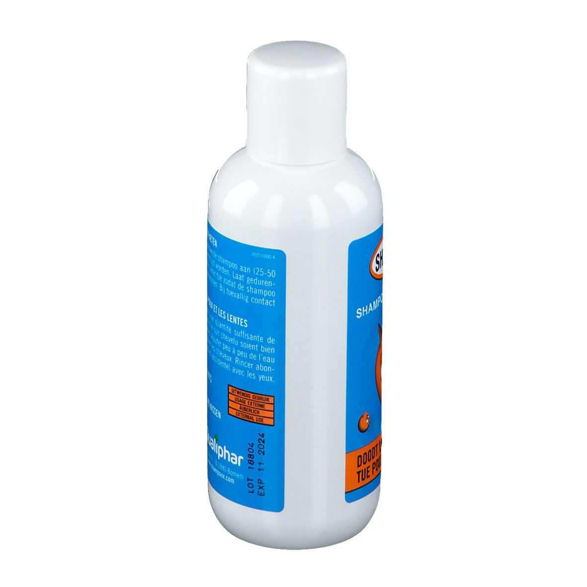 Seitenansicht einer weißen Flasche mit blauem Etikett. Text: Gebrauchsanweisung, Verfallsdatum.