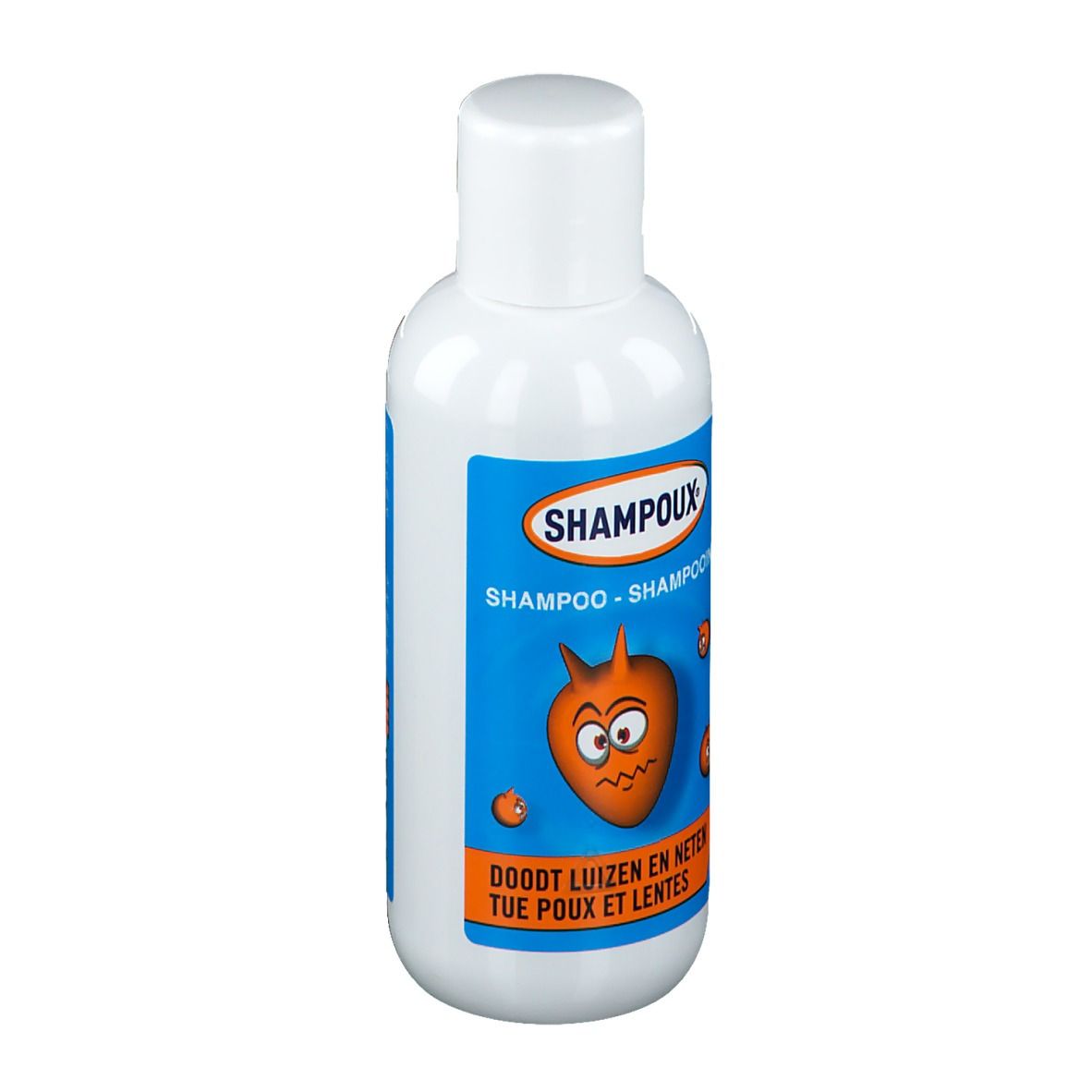 Weiße Flasche mit blauem Etikett. Aufschrift: SHAMPOUX, Shampoo, tötet Läuse und Nissen. Cartoon-Illustration.