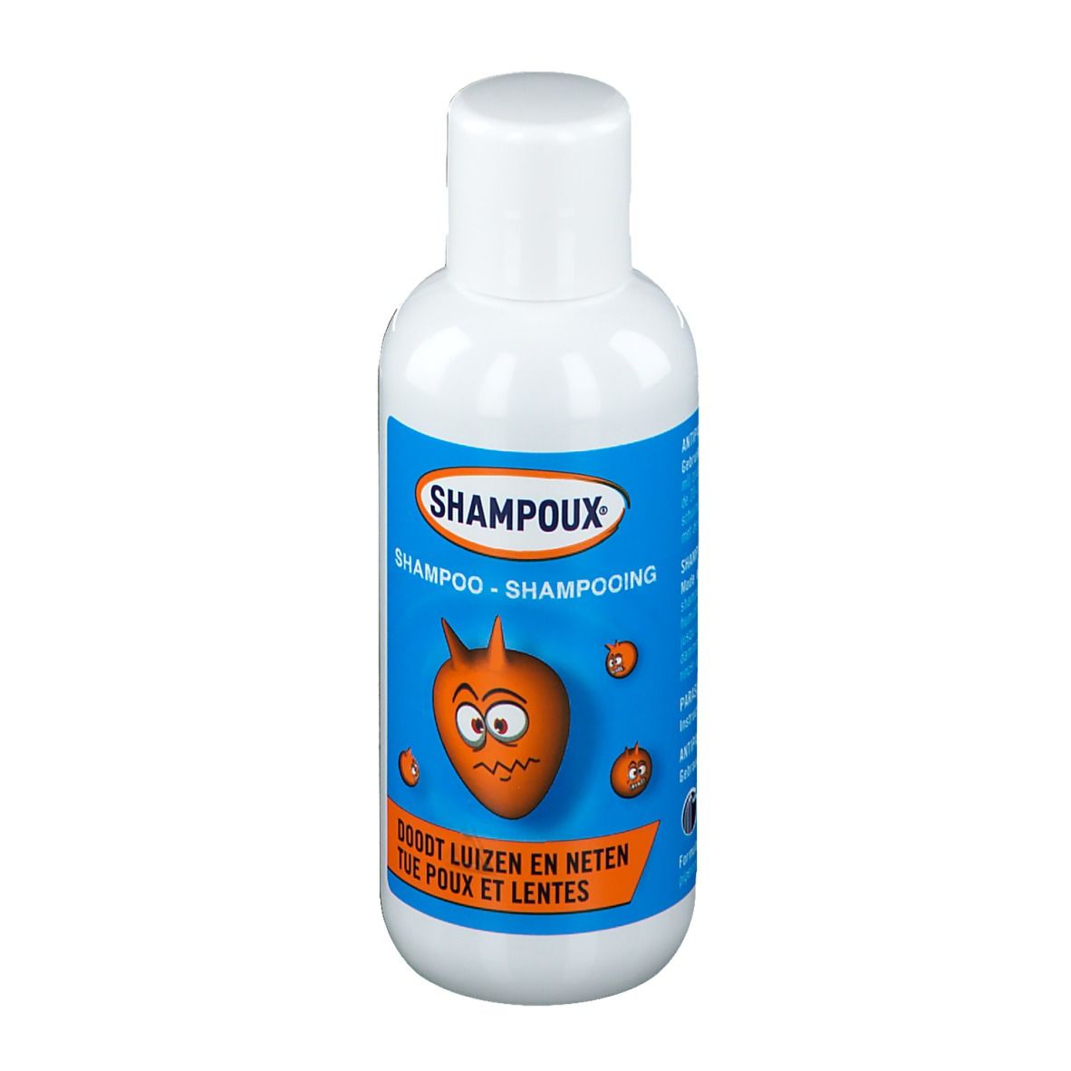 Weiße Flasche mit blauem Etikett. Aufschrift: SHAMPOUX, Shampoo, tötet Läuse und Nissen. Cartoon-Illustration.
