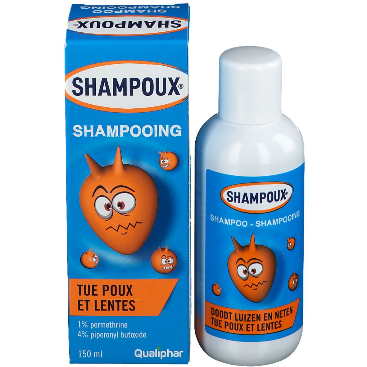 Produktverpackung und Flasche. Blaue Schachtel mit Aufschrift SHAMPOUX, Shampooing, tötet Läuse und Nissen. Flasche daneben.