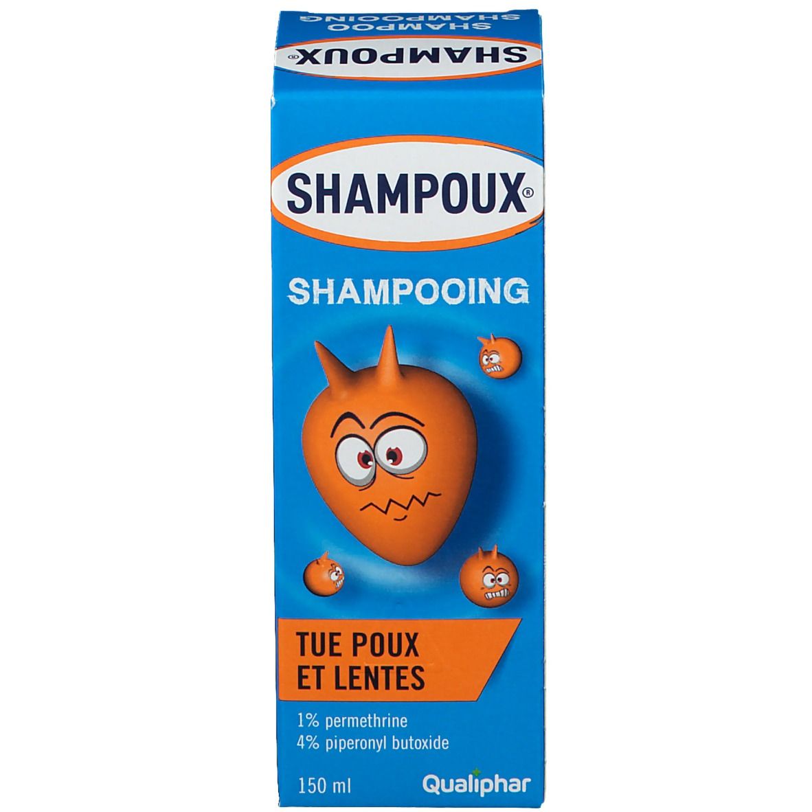 Blaue Schachtel mit Aufschrift SHAMPOUX, Shampooing, tötet Läuse und Nissen. Cartoon-Illustration.