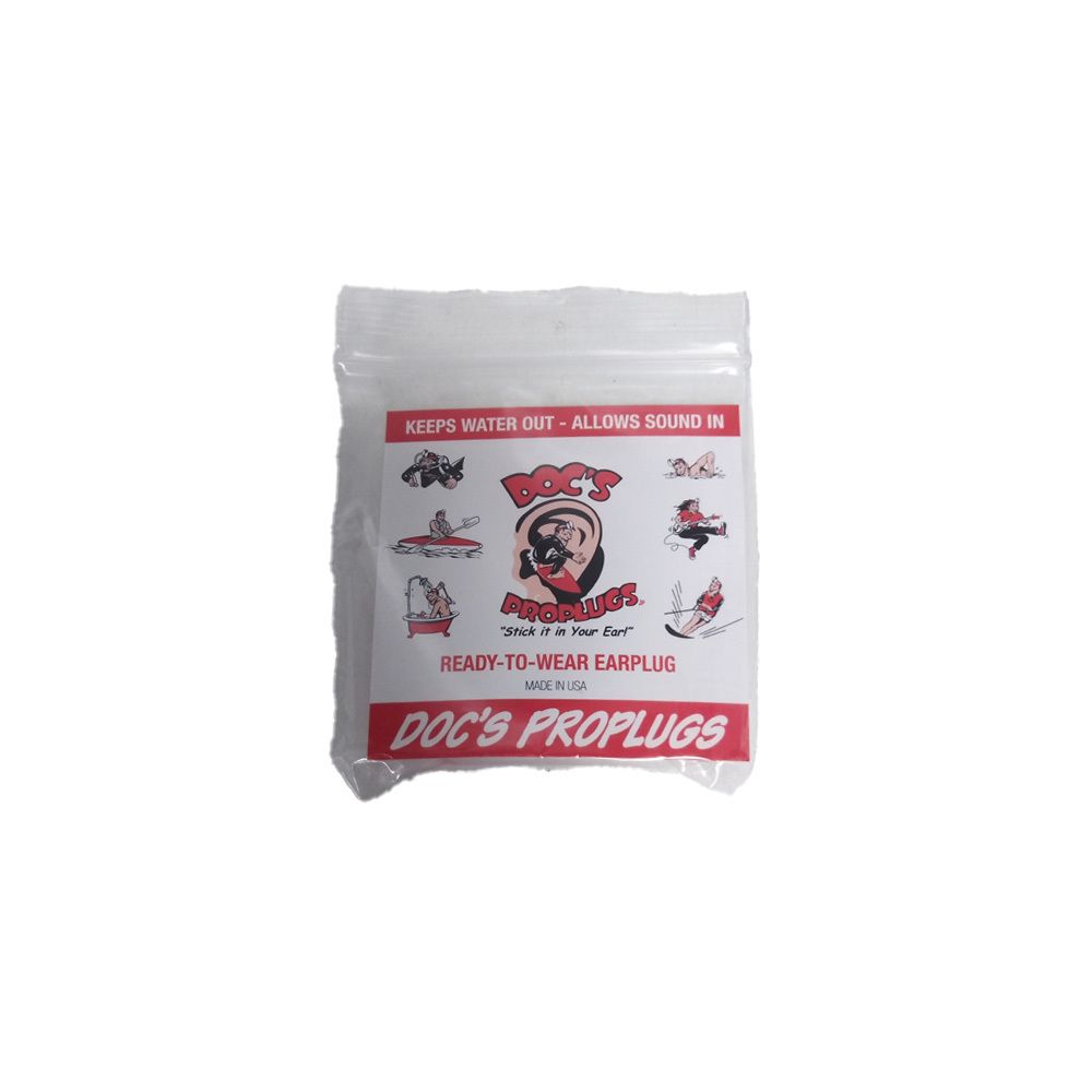 Sachet de bouchons d'oreille "Doc's Proplugs". Texte: "Keeps water out - allows sound in".