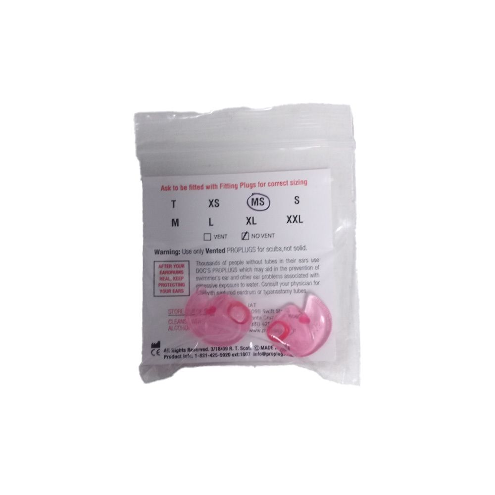 Emballage avec deux bouchons d'oreille roses "Doc's Proplugs". Tailles: T, XS, MS, S, M, L, XL, XXL.