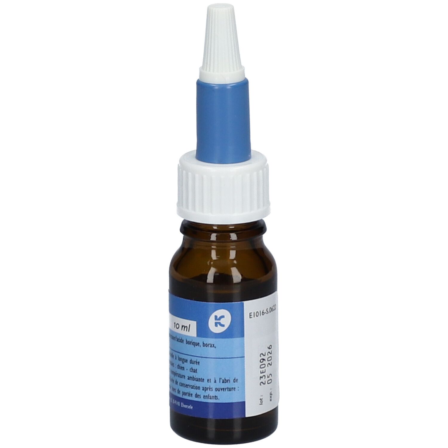 Flacon brun avec bouchon bleu et embout blanc. Inscription "10 ml" et texte.