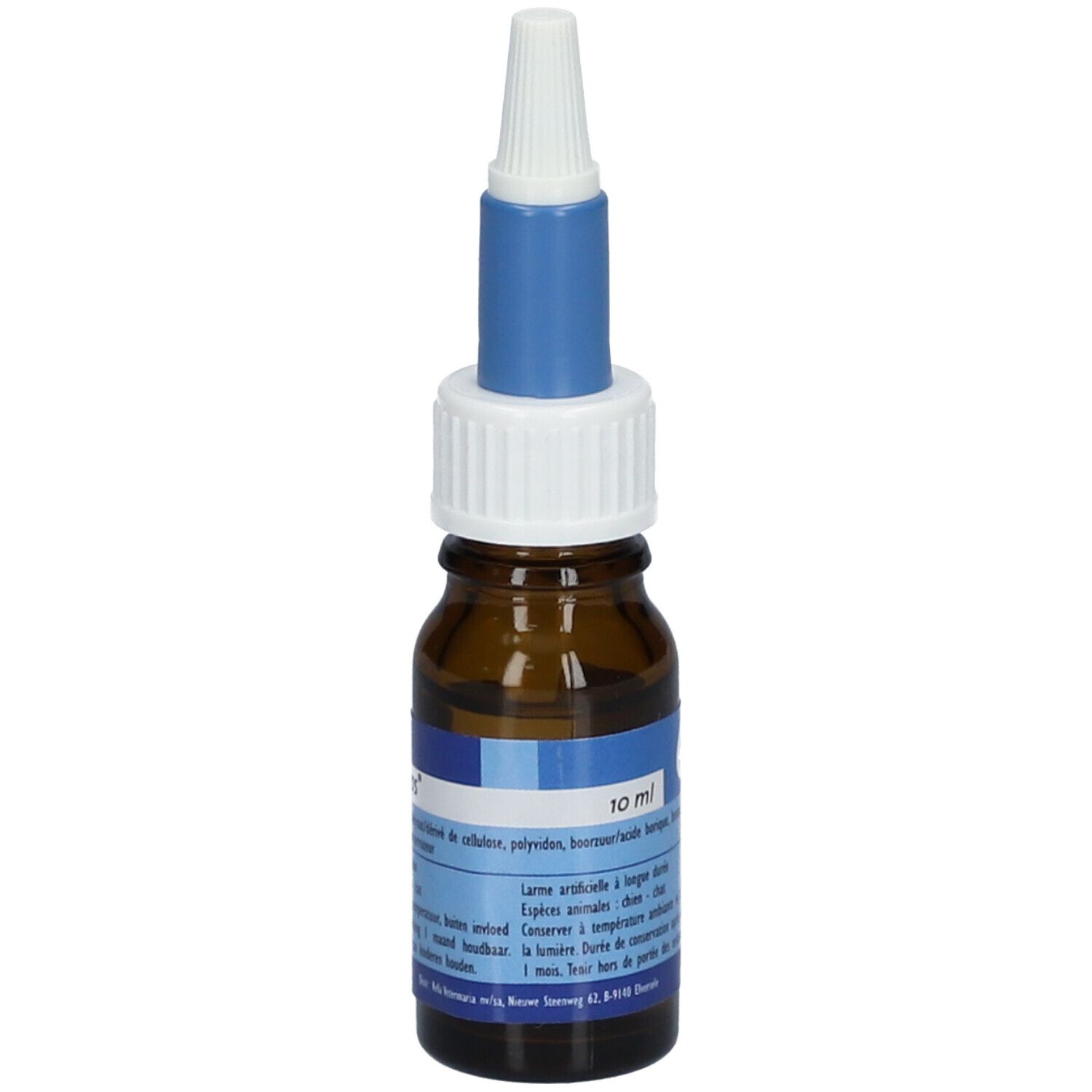 Flacon brun avec bouchon bleu et embout blanc. Inscription "10 ml" et texte.