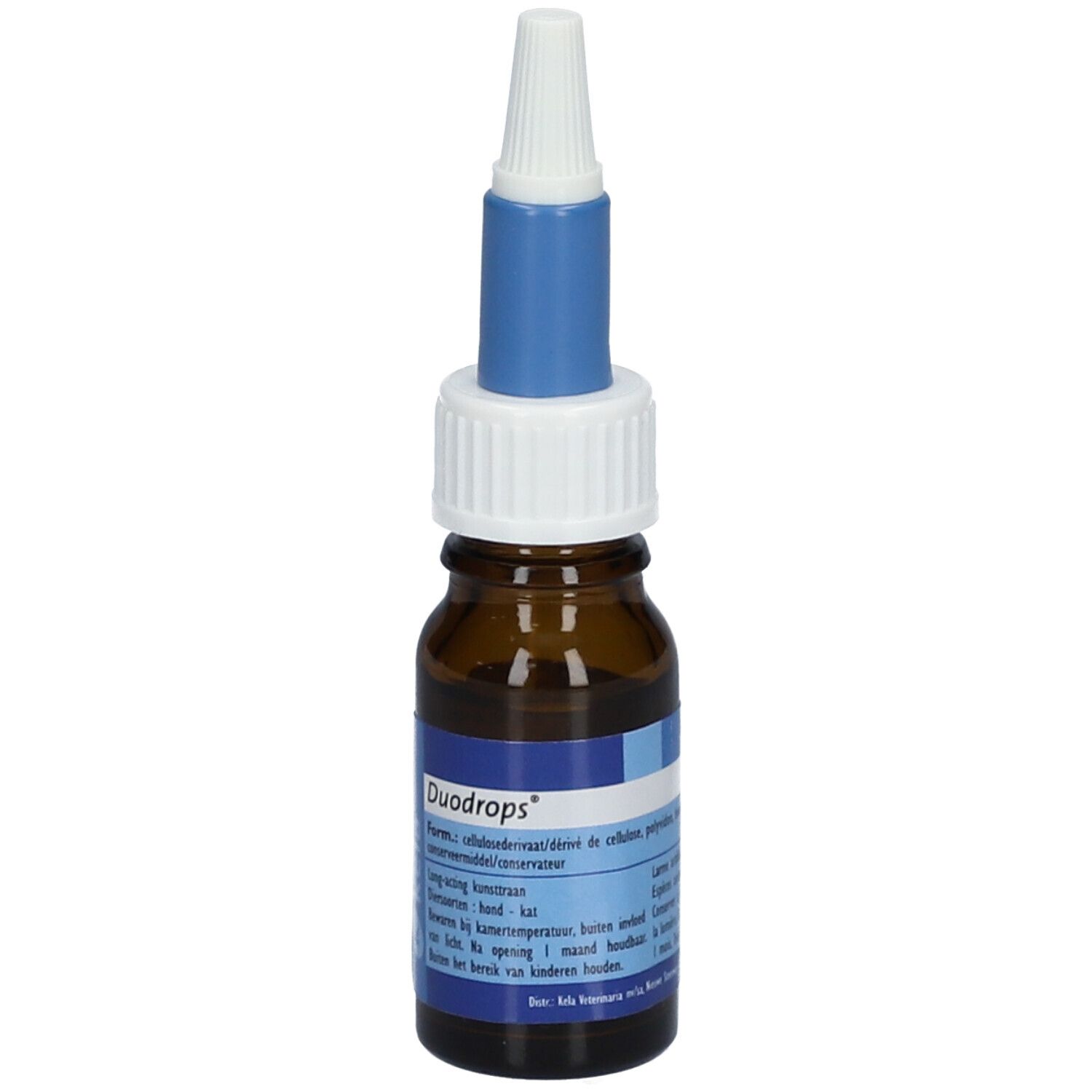 Flacon brun avec bouchon bleu et embout blanc. Inscription "Duodrops" et texte.