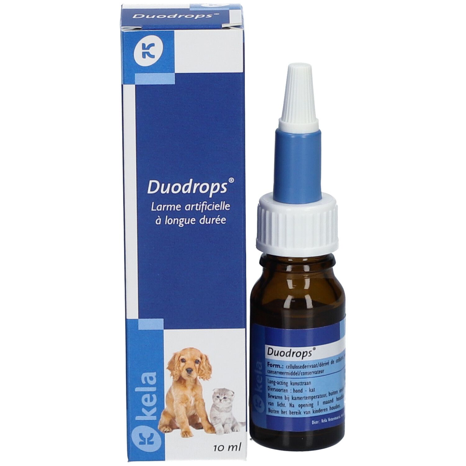 Emballage du produit avec flacon et boîte. Inscription "Duodrops" et "Kela". Image de chien et chat.