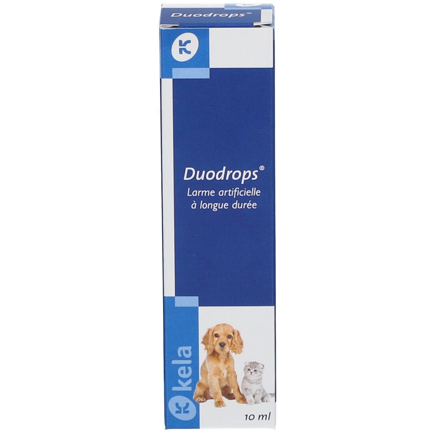 Emballage du produit. Inscription "Duodrops" et "Kela". Image de chien et chat.