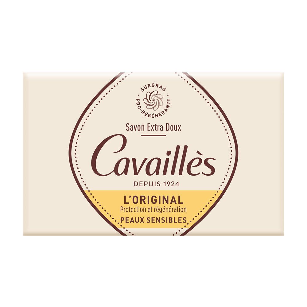 Savon rectangulaire avec logo et texte. Inscription: Cavaillès, Savon Extra Doux, L'Original, Peaux Sensibles.