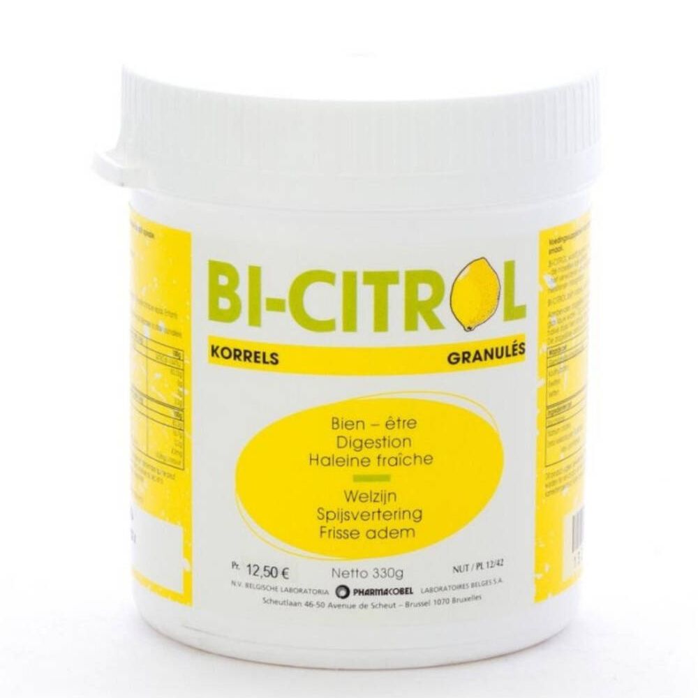 Récipient blanc avec étiquette jaune. Inscription : BI-CITROL, granulés. Contient un graphique de citron. Texte en plusieurs langues.