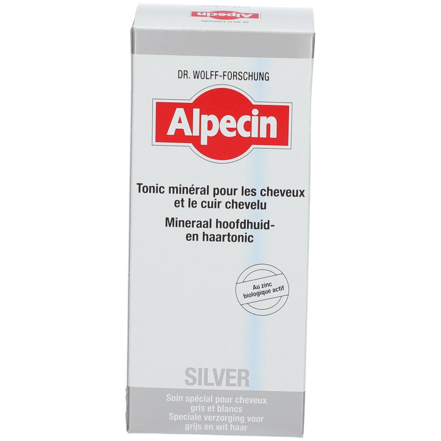 Productverpakking. Wit en zilver met rood logo en tekst: Alpecin, Mineral Kopfhaut- und Haar-Tonikum, Silver. Met biologisch actieve zink.