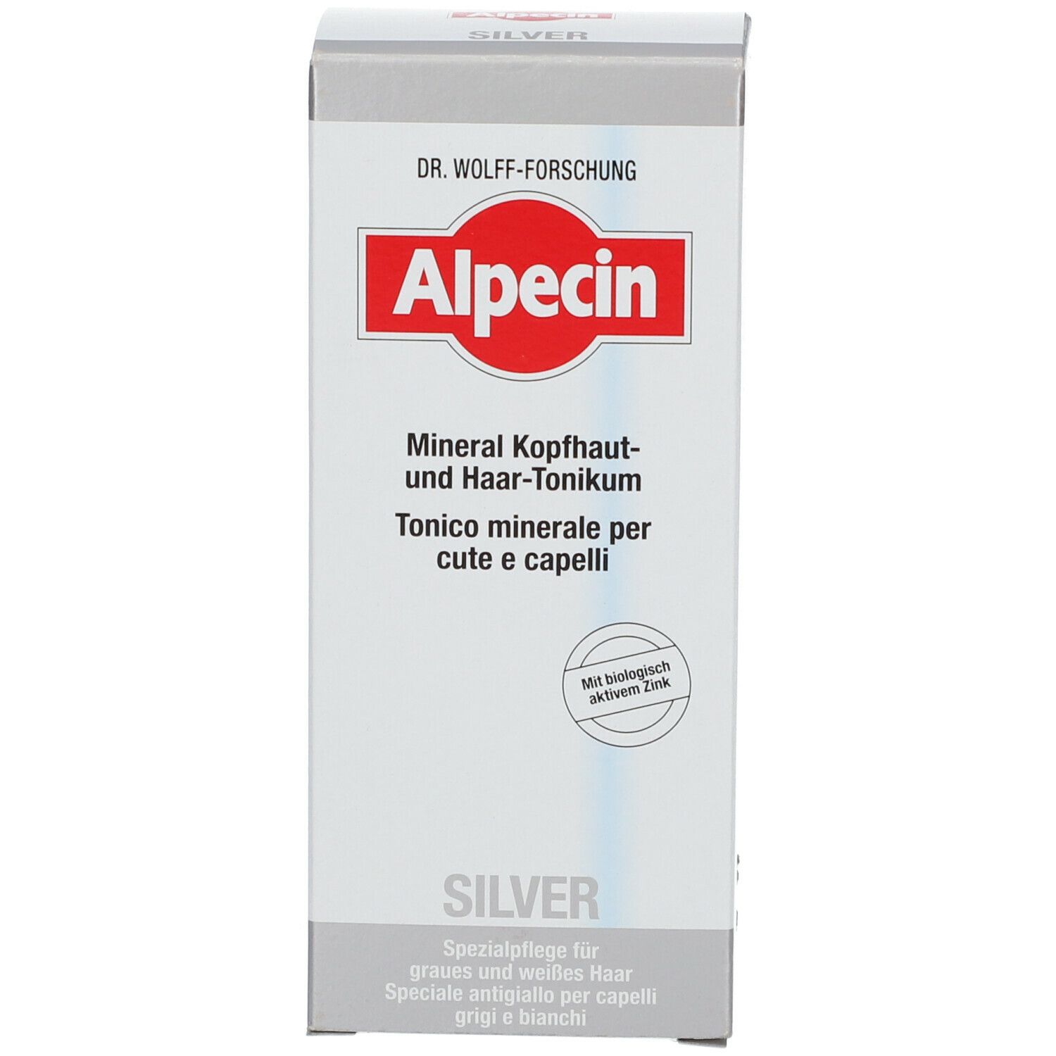 Productverpakking. Wit en zilver met rood logo en tekst: Alpecin, Mineral Kopfhaut- und Haar-Tonikum, Silver. Met biologisch actieve zink.