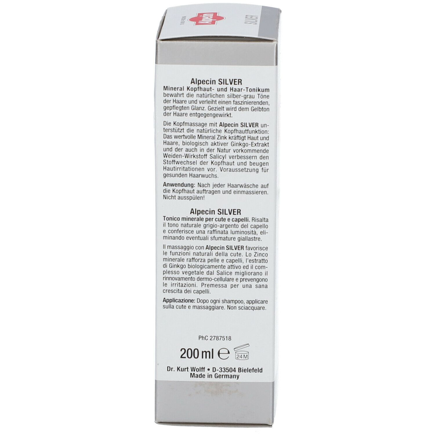 Achterkant van de productverpakking. Tekst: Alpecin SILVER, gebruiksaanwijzing in meerdere talen, fabrikant informatie, 200 ml.