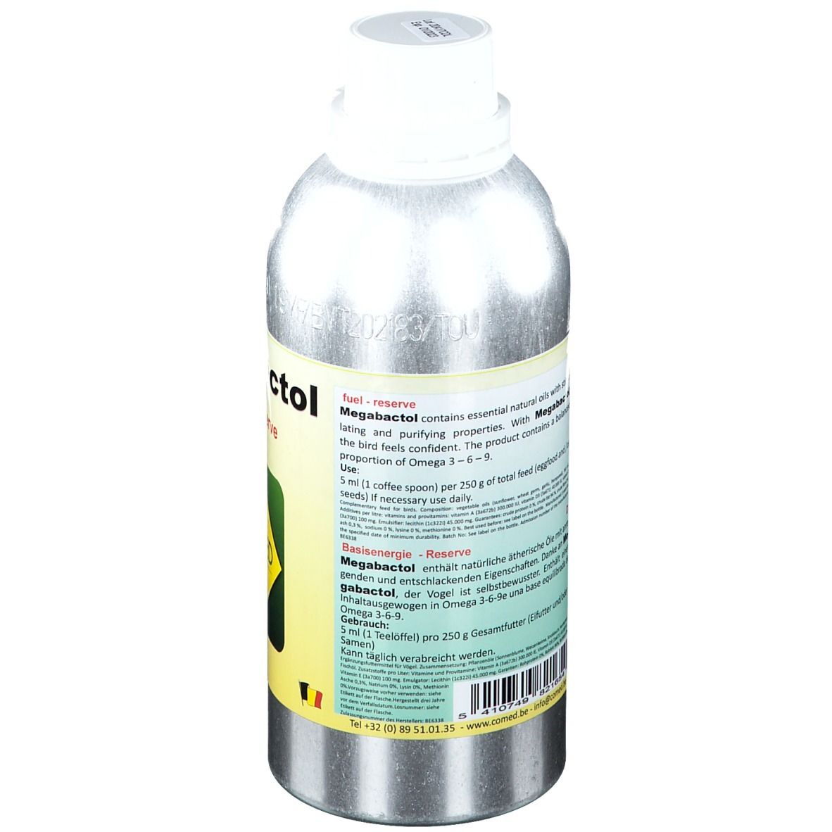 Metalen fles met witte dop. Tekst: Megabactol bevat natuurlijke oliën met zuiverende eigenschappen. Dosering: 5 ml per 250 g voer.