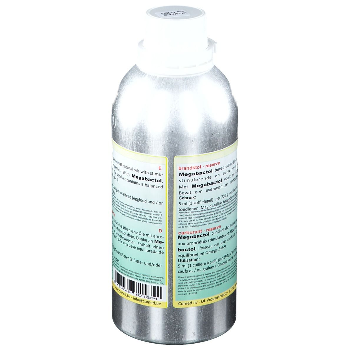 Metalen fles met witte dop. Tekst: Megabactol bevat natuurlijke oliën. Dosering: 5 ml per 250 g voer. Bevat Omega 3-6-9.