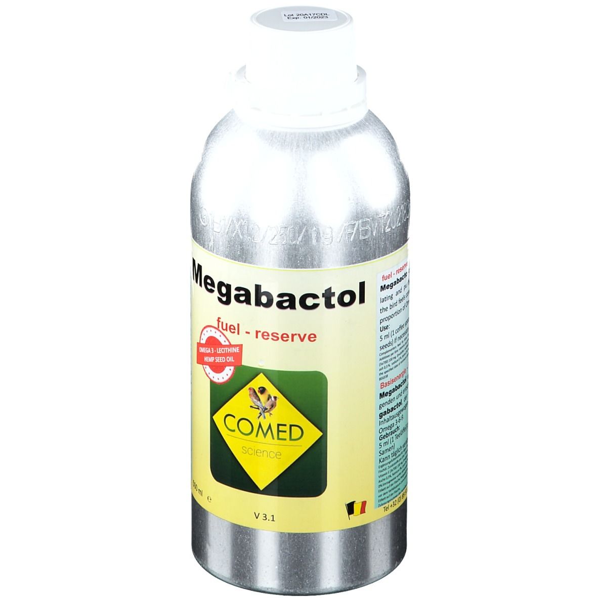 Metalen fles met witte dop. Opschrift: Megabactol, fuel - reserve. Logo: COMED science. Bevat Omega-3 lijnzaadolie. V3.1.