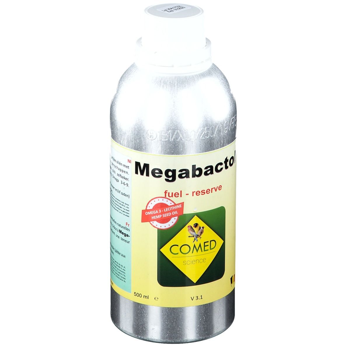 Metalen fles met witte dop. Opschrift: Megabactol, fuel - reserve. Logo: COMED science. 500 ml. Bevat Omega-3 lijnzaadolie.