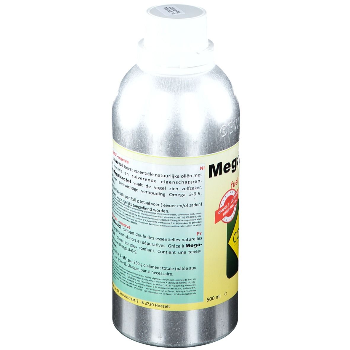 Metalen fles met witte dop. Tekst: Megabactol bevat essentiële oliën. Dosering: 5 ml per 250 g voer. Bevat Omega 3-6-9.