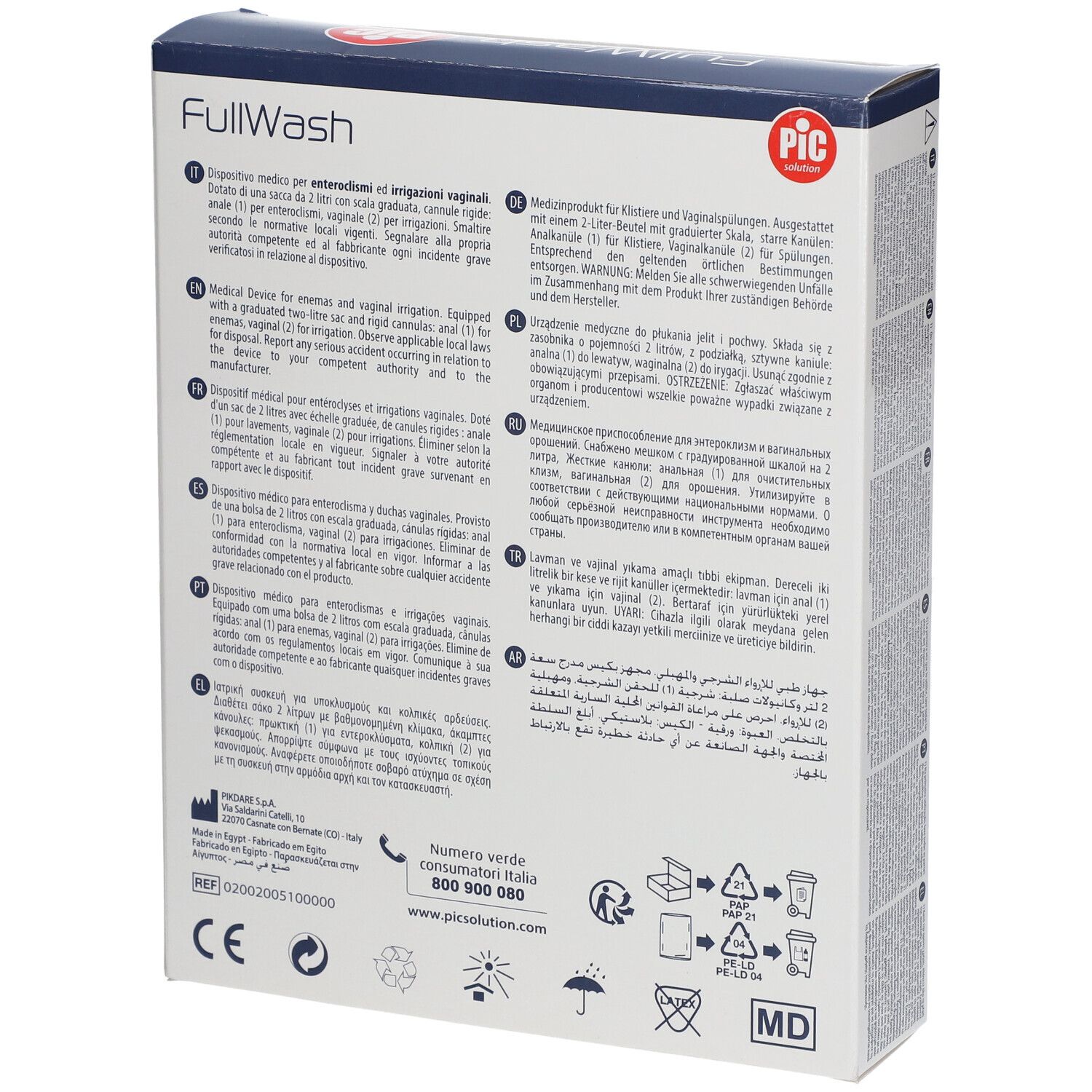 Dos de l'emballage FullWash. Texte multilingue. Logo PIC et certifications.