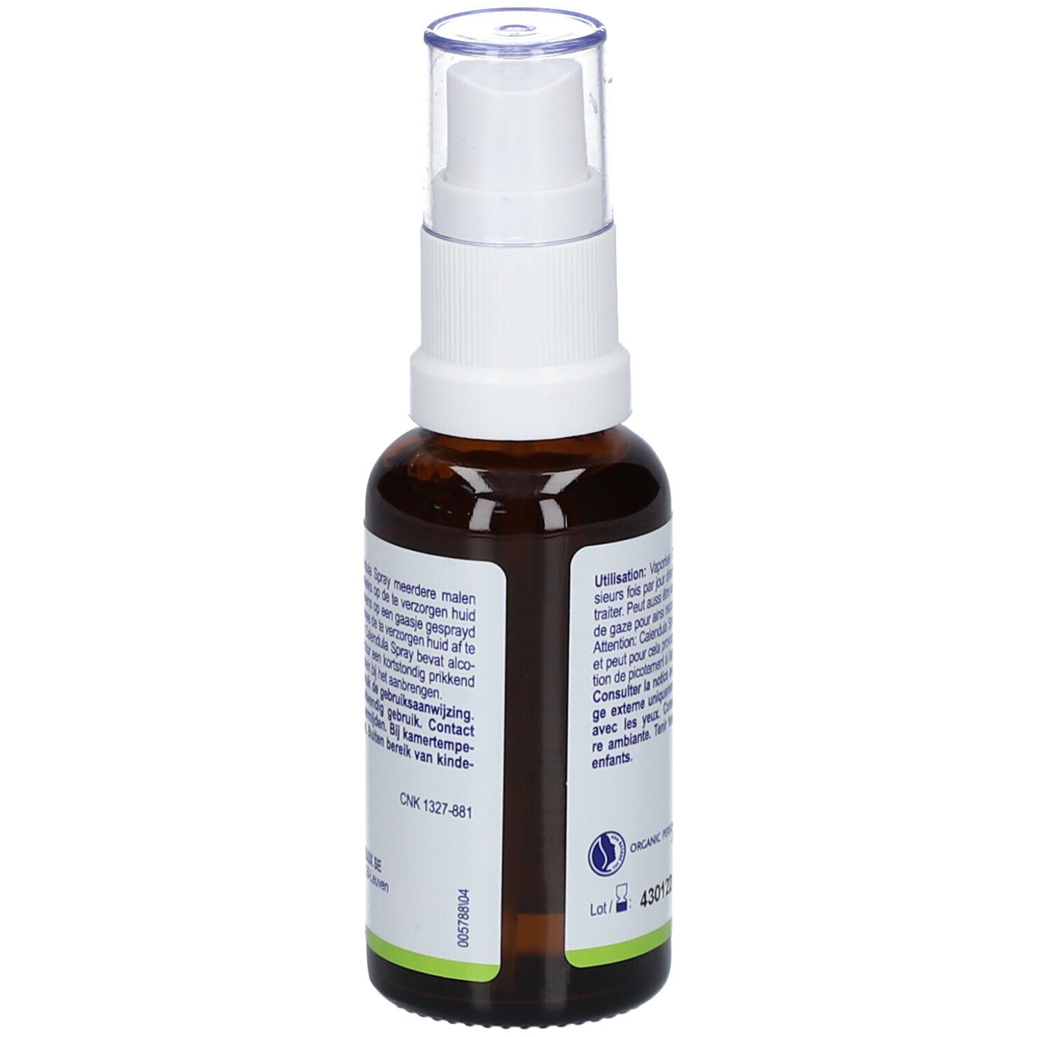 Bruine glazen fles met witte spraykop. Achterkant met tekst in meerdere talen. Groen en wit etiket.