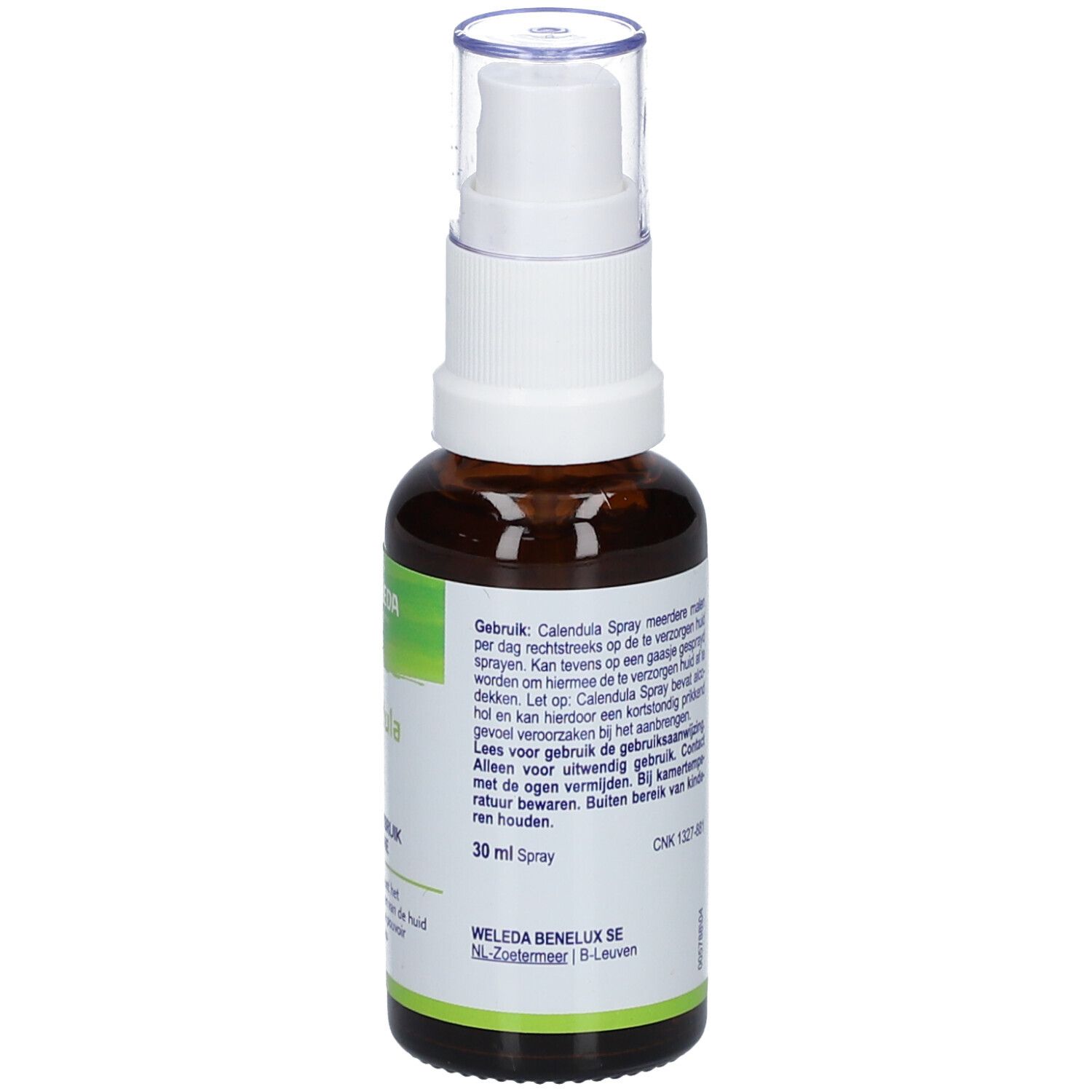 Bruine glazen fles met witte spraykop. Achterkant met tekst in meerdere talen. Groen en wit etiket.