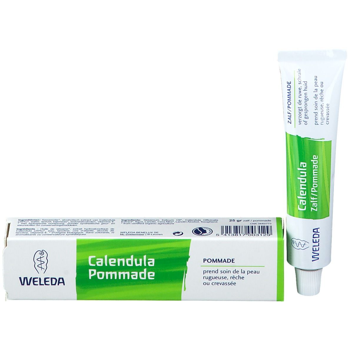 Tube et boîte Weleda Calendula Pommade. Vert et blanc. Texte: Calendula Pommade, Zalf/Pommade. 20g.