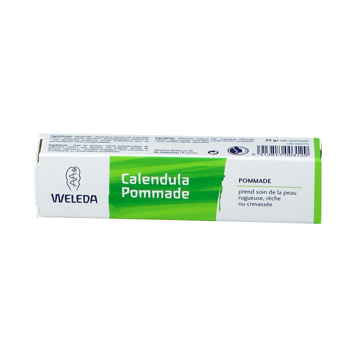 Boîte Weleda Calendula Pommade. Vert et blanc. Texte: Calendula Pommade, prend soin de la peau rugueuse, rêche ou crevassée.