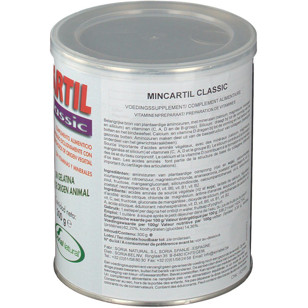 Boîte ronde avec couvercle. Dos avec texte. Inscription: MINCARTIL classic. Liste des ingrédients et informations nutritionnelles. Logo Soria Natural.