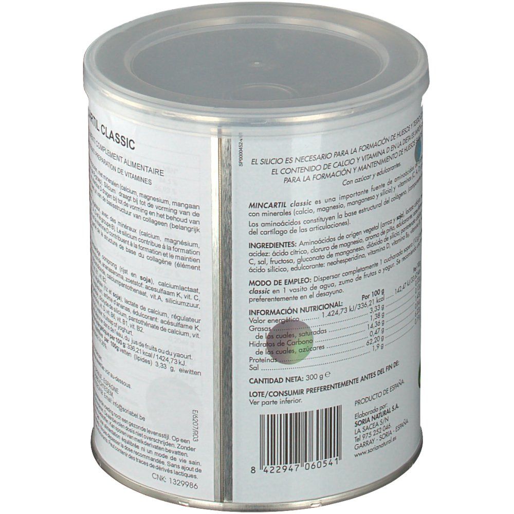 Boîte ronde avec couvercle. Dos avec texte. Inscription: MINCARTIL classic. Liste des ingrédients et informations nutritionnelles. Logo Soria Natural.