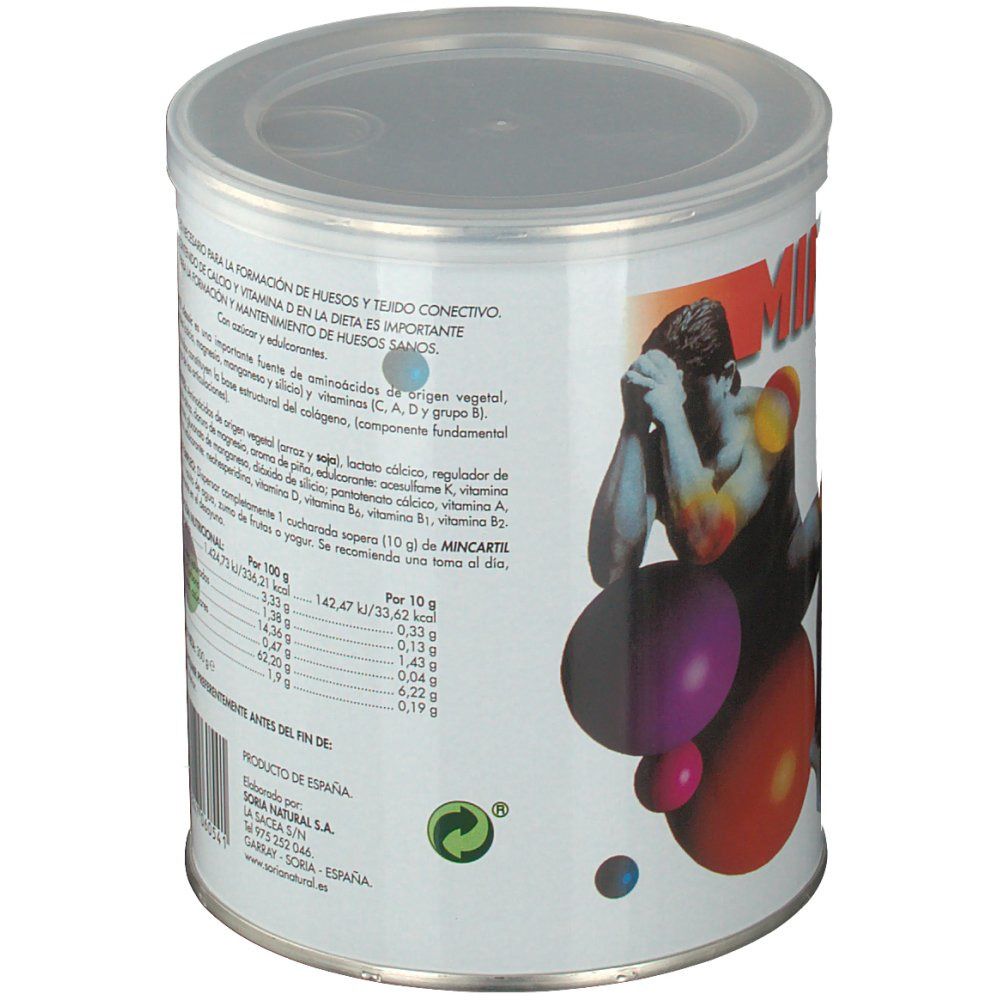 Boîte ronde avec couvercle. Dos avec texte. Inscription: MINCARTIL classic. Liste des ingrédients et informations nutritionnelles. Logo Soria Natural.