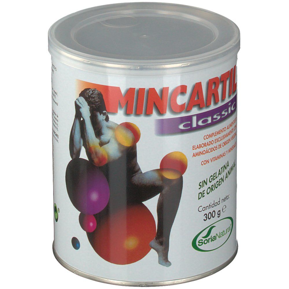Boîte ronde avec couvercle. Inscription: MINCARTIL classic. Illustration d'une femme avec des sphères colorées. Logo Soria Natural.