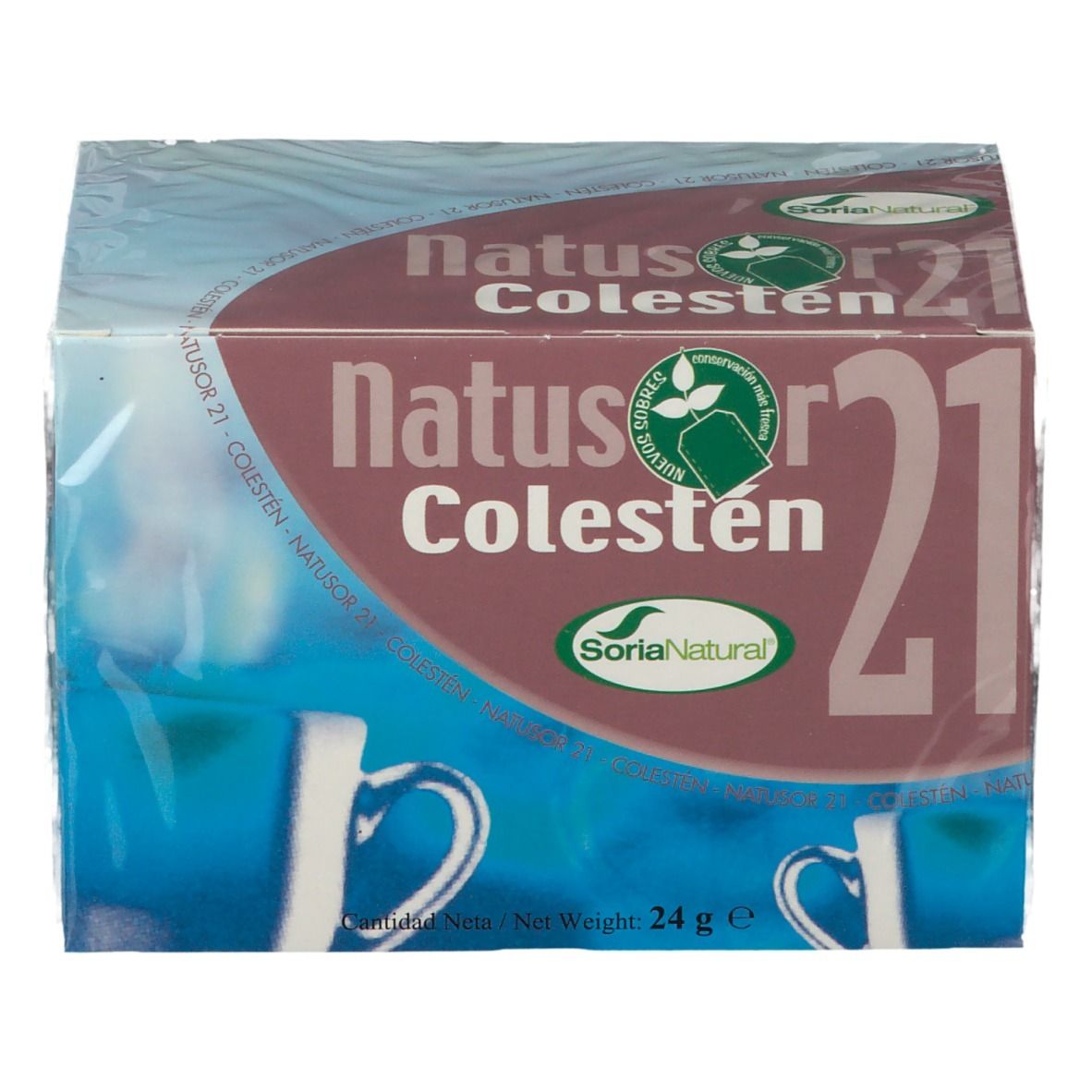 Boîte de thé Natusor 21 Colestén. Inscription : Soria Natural, Colestén 21. Logo vert et blanc. Emballage transparent.