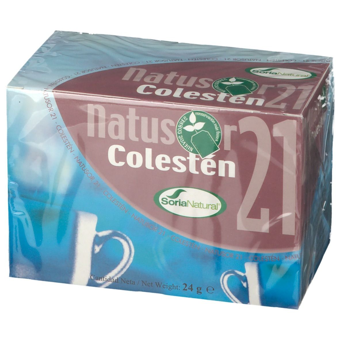 Boîte de thé Natusor 21 Colestén. Inscription : Soria Natural, Colestén 21. Logo vert et blanc. Emballage transparent.