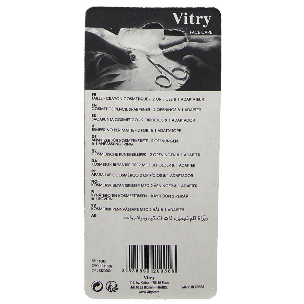 Rückseite der Verpackung des Vitry Anspitzers. Text in mehreren Sprachen, darunter Deutsch, Französisch, Italienisch und Niederländisch.