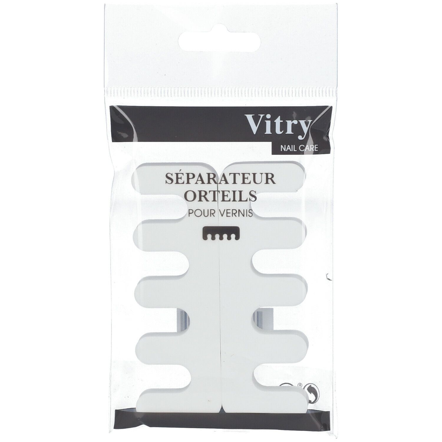 Zehenspreizer in Verpackung. Weißes Kunststoffprodukt mit Aussparungen. Marke Vitry, Text: Séparateur Orteils pour vernis.