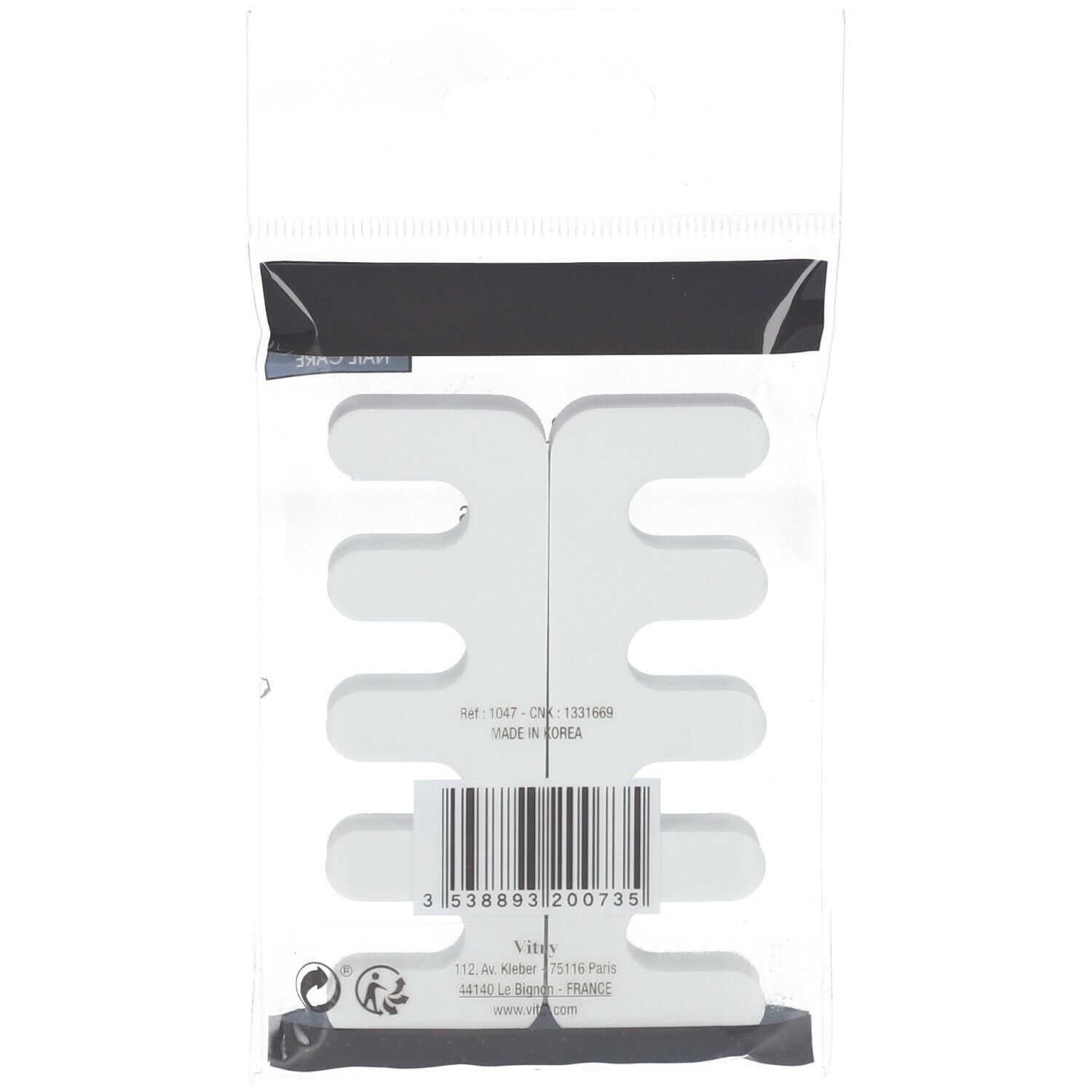 Rückseite der Zehenspreizer-Verpackung. Weißes Kunststoffprodukt mit Aussparungen. Marke Vitry, Barcode und Text.