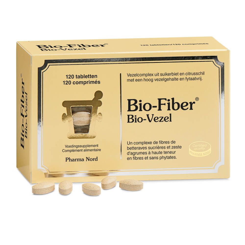 Boîte jaune "Bio-Fiber" avec comprimés. 120 comprimés. Logo Pharma Nord.