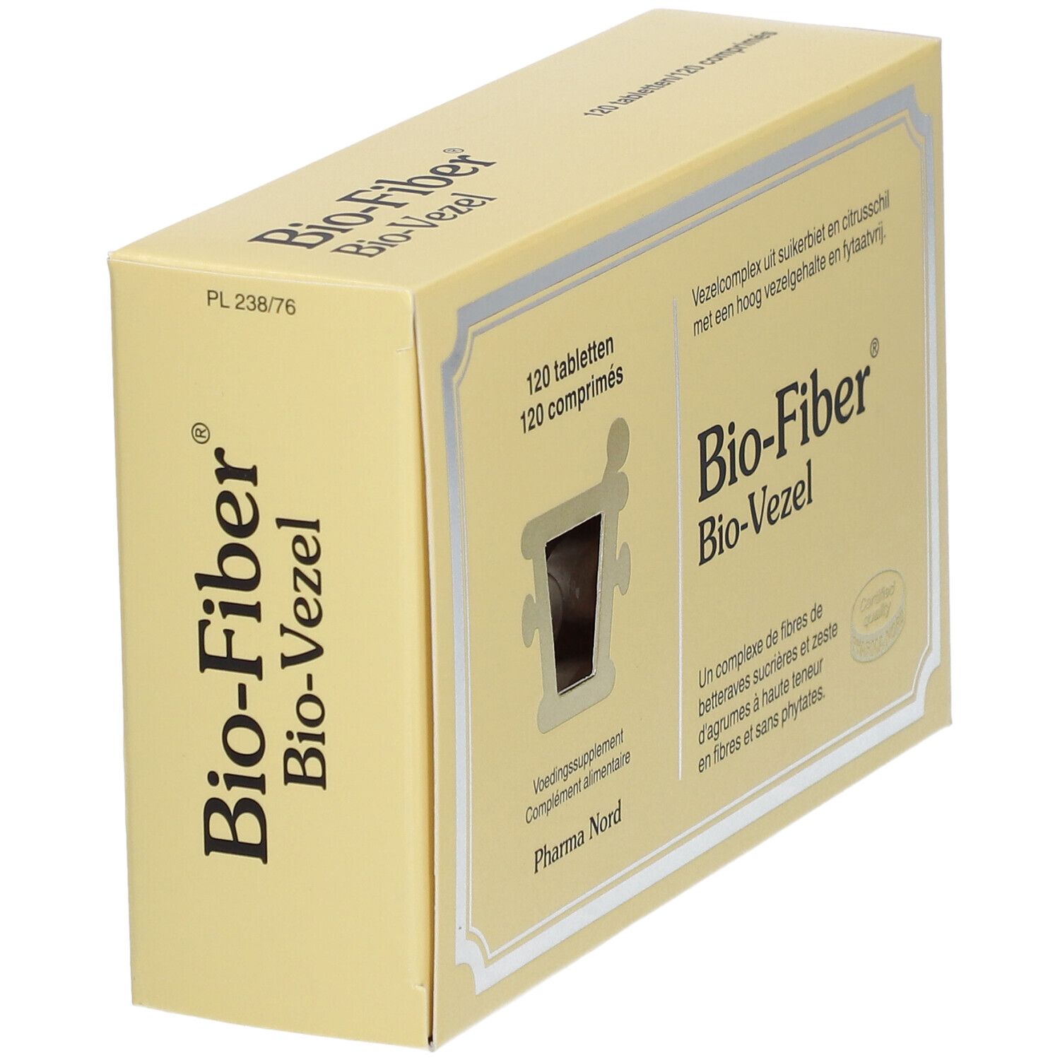 Boîte jaune "Bio-Fiber" en biais. 120 comprimés. Logo "Bio-Fiber". Texte en néerlandais.