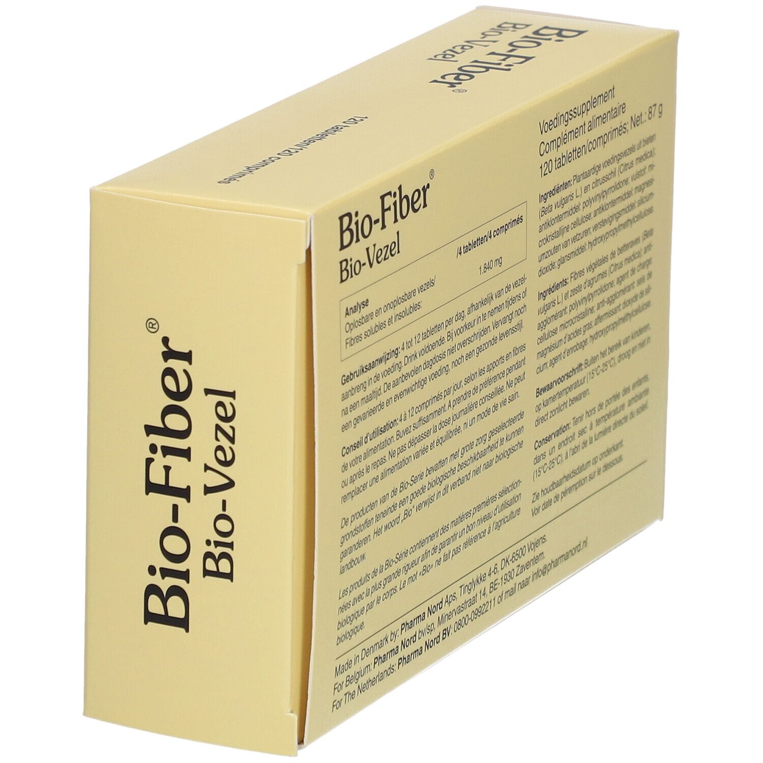 Boîte jaune "Bio-Fiber" en biais. Texte en néerlandais. 120 comprimés. Ingrédients.