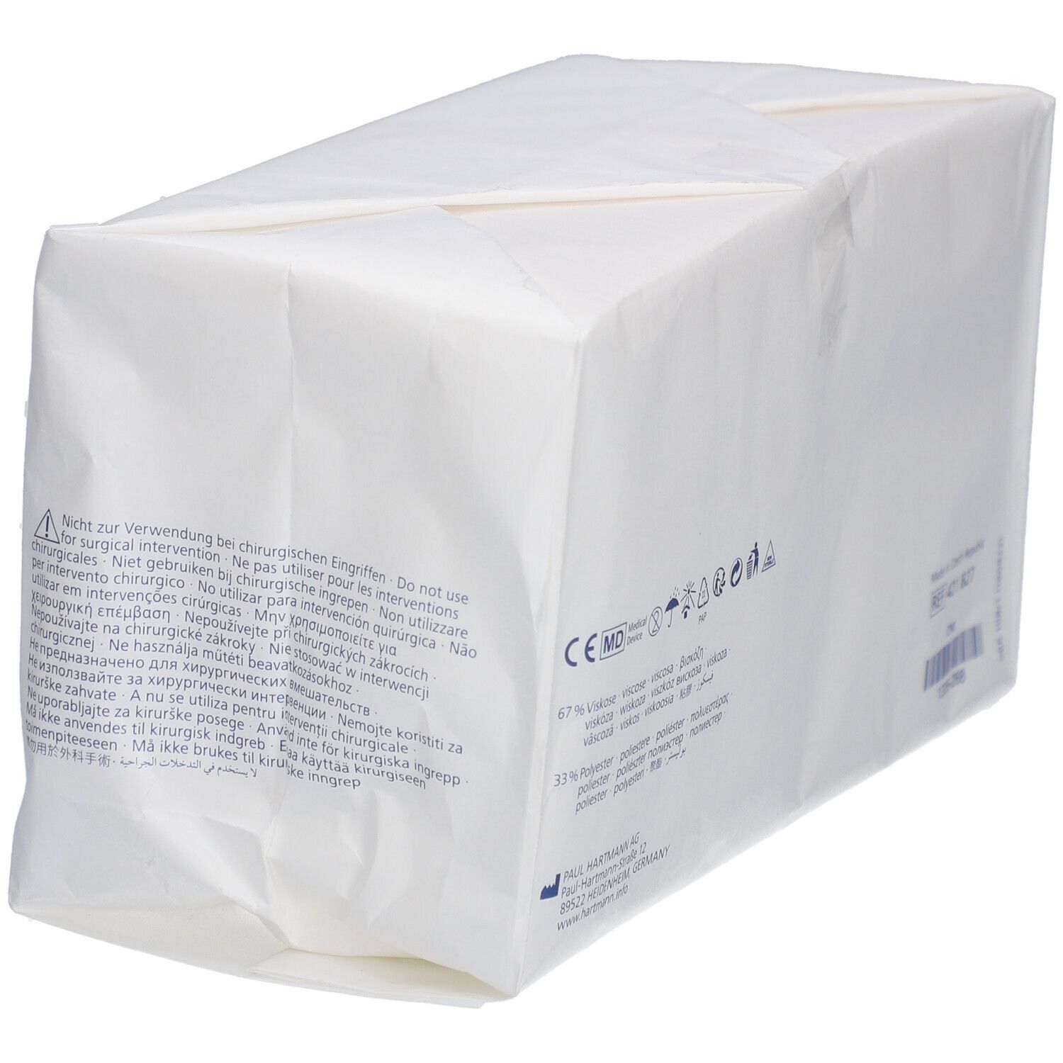 Paquet blanc rectangulaire. Texte sur l'emballage. Marquage CE. Non destiné aux interventions chirurgicales.