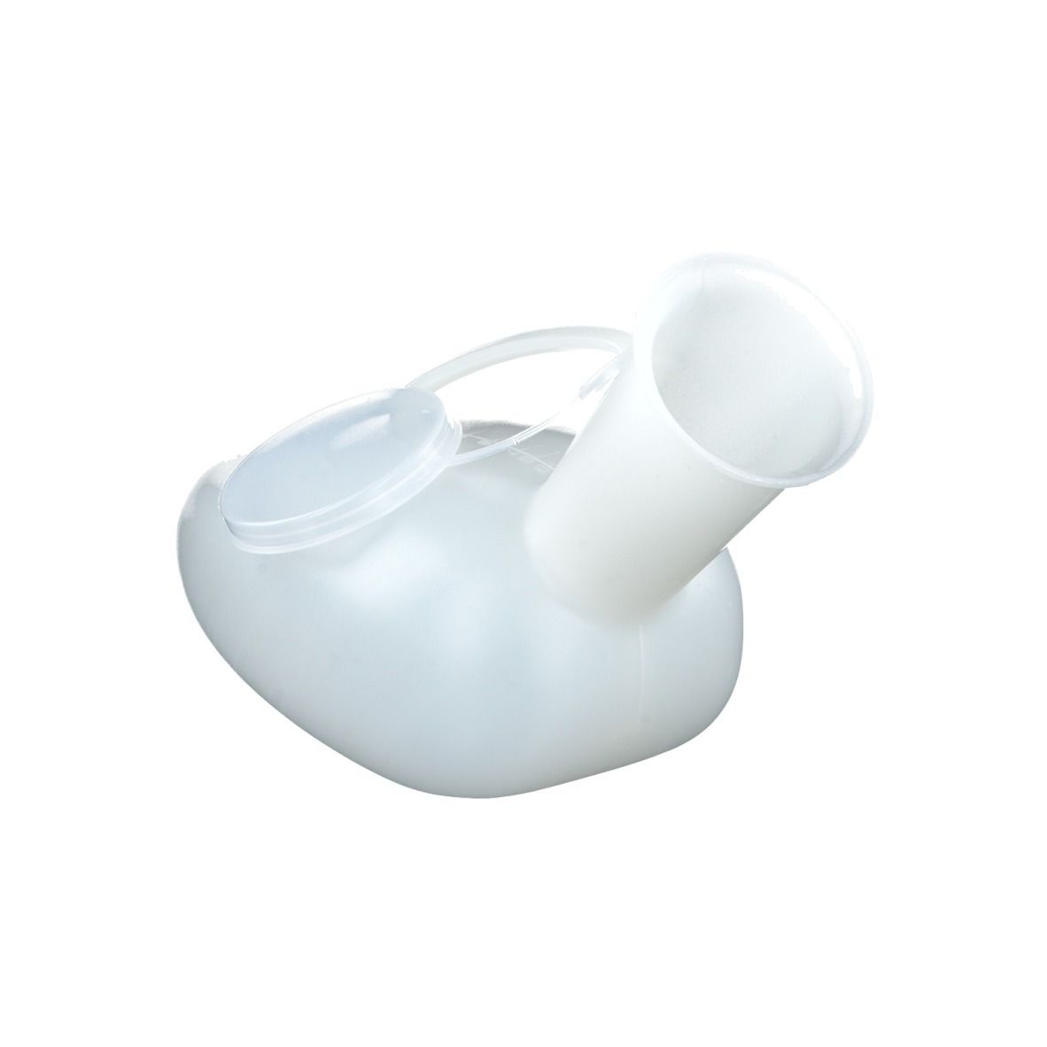 Urinal blanc, en forme de goutte, avec couvercle et poignée. Ouverture en entonnoir vers le haut.