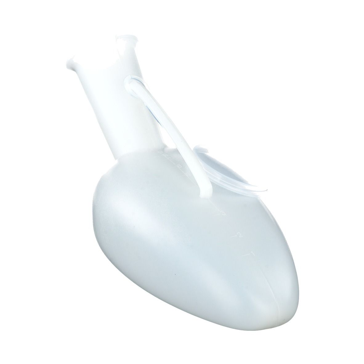 Urinal blanc, en forme de goutte, avec couvercle et poignée. Ouverture en entonnoir vers le haut.