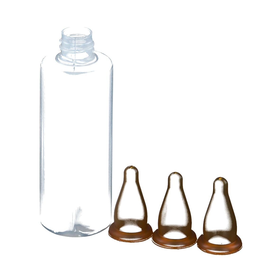 Transparente Flasche und 3 braune Sauger. Flasche mit Schraubverschluss. Sauger mit runder Basis.