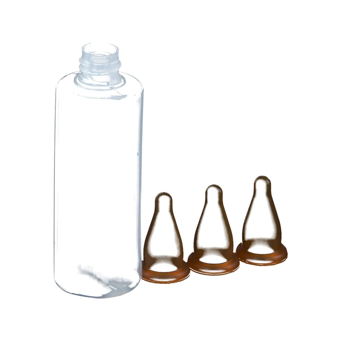 Transparente Flasche und 3 braune Sauger. Flasche mit Schraubverschluss. Sauger mit runder Basis.