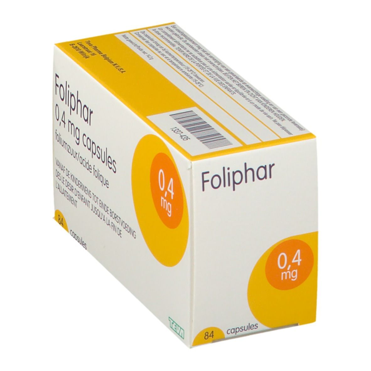 Boîte Foliphar 0,4 mg capsules. Cercle jaune avec 0,4 mg. Texte: acide folique, 84 capsules.