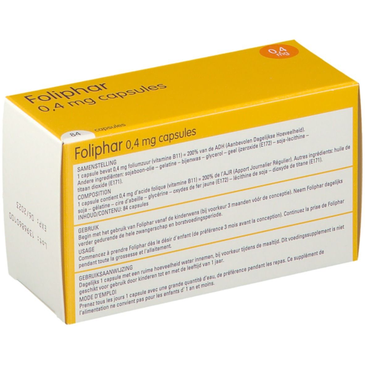 Boîte Foliphar 0,4 mg capsules. Cercle jaune avec 0,4 mg. Texte: acide folique, 84 capsules. Dos avec texte.