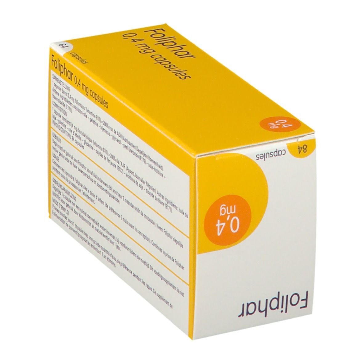 Boîte Foliphar 0,4 mg capsules. Cercle jaune avec 0,4 mg. Texte: acide folique, 84 capsules. Dos avec texte.
